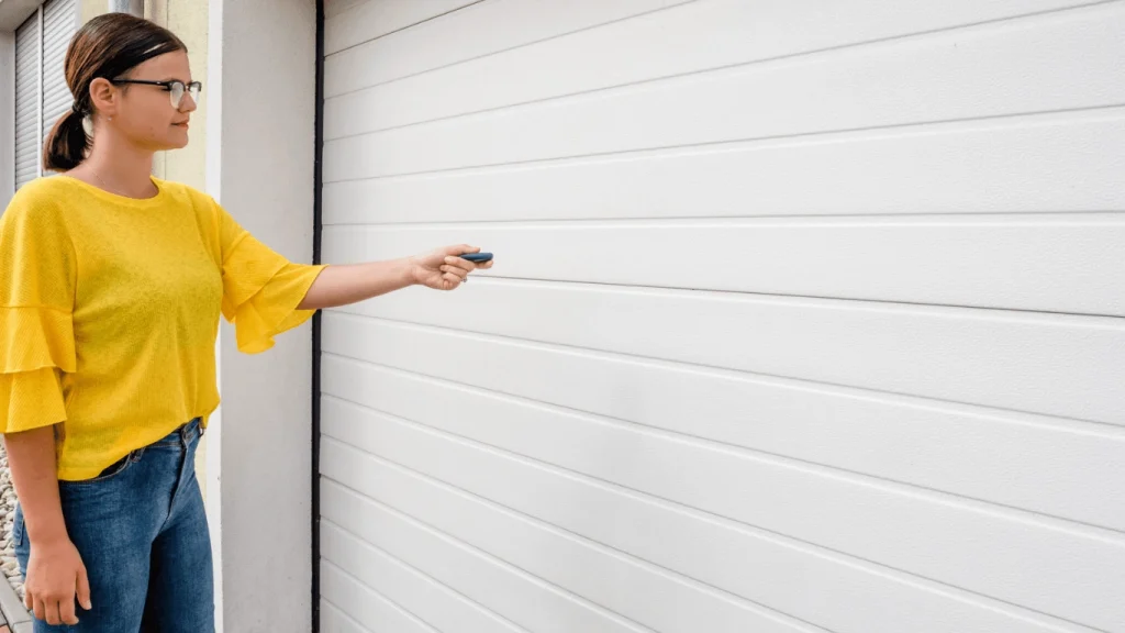Woman in yellow shirt using remote to operate a white garage door.