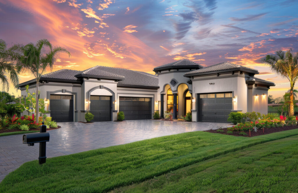 Luxury modern villa with lush garden and vibrant sunset sky in the background.